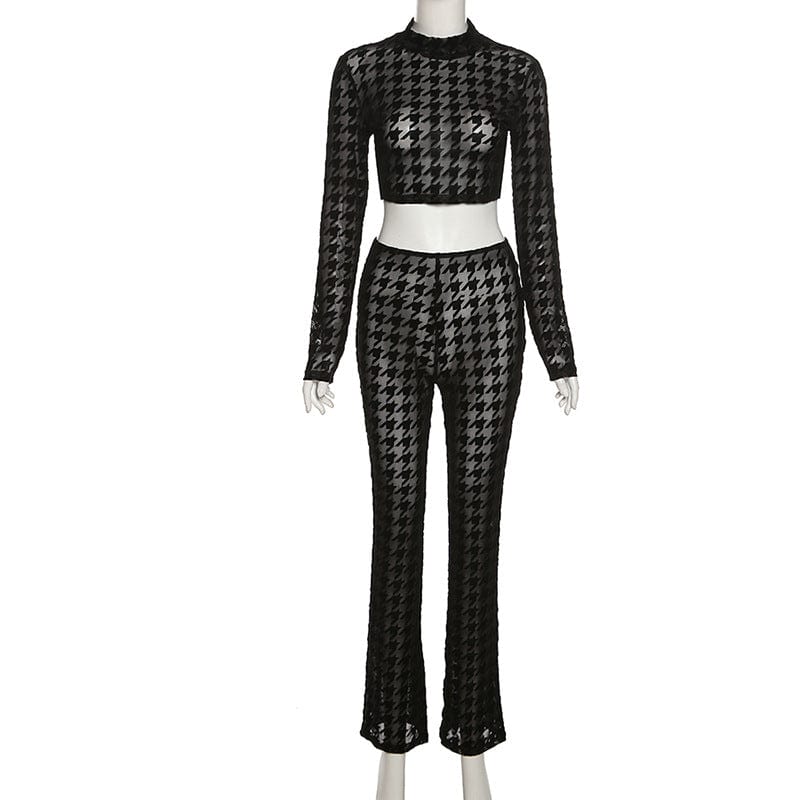New Arrival Women Clothing Mesh Flocked Black Color Sexy Crop Top And High Waist Straight Pants 2 Piece Set Women