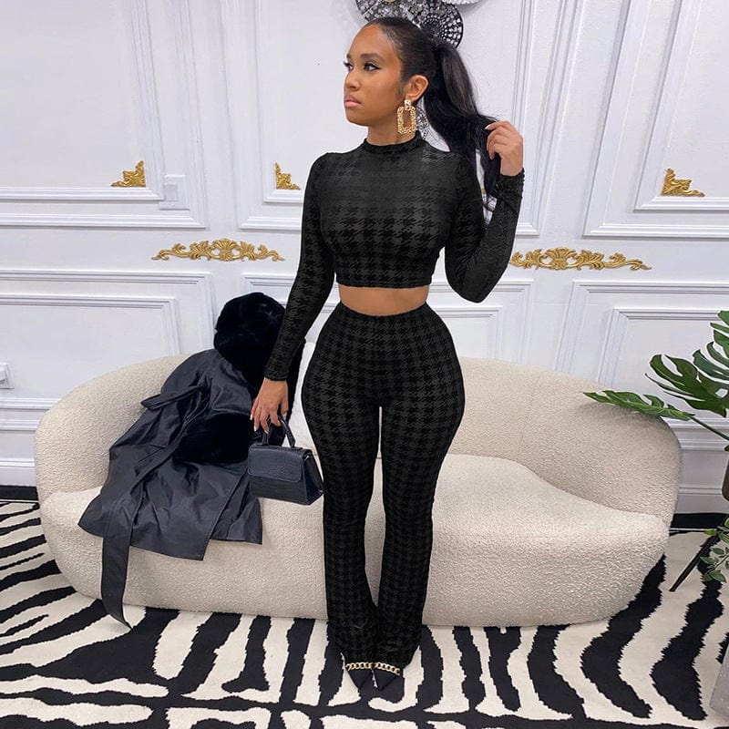 New Arrival Women Clothing Mesh Flocked Black Color Sexy Crop Top And High Waist Straight Pants 2 Piece Set Women