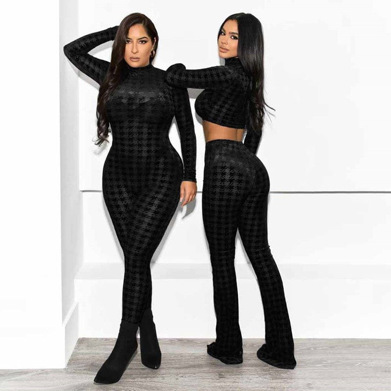 New Arrival Women Clothing Mesh Flocked Black Color Sexy Crop Top And High Waist Straight Pants 2 Piece Set Women