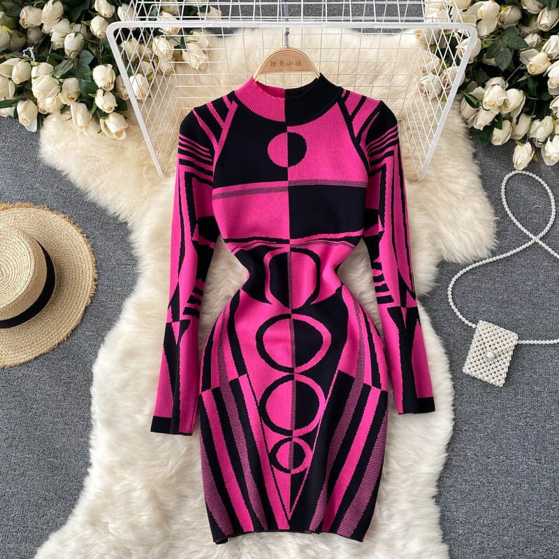 New Arrival Women Color Blocking Sexy Bodycon Jersey Winter Dress For Ladies Dresses