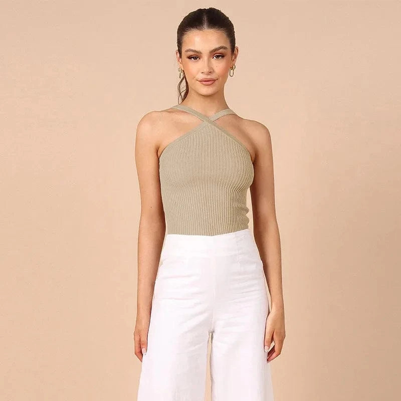 New Arrival Women Halter Tops Female Knitted Off Shoulder Crop Tops Cross Sexy Girls Tank Tops