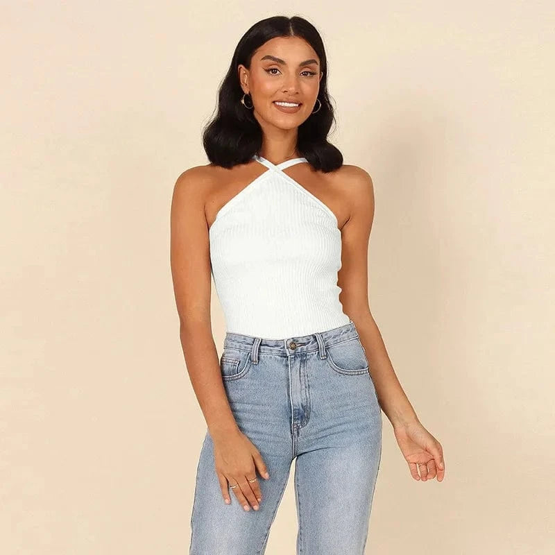 New Arrival Women Halter Tops Female Knitted Off Shoulder Crop Tops Cross Sexy Girls Tank Tops