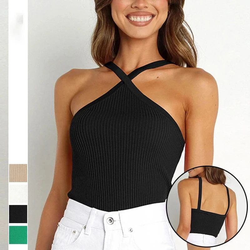 New Arrival Women Halter Tops Female Knitted Off Shoulder Crop Tops Cross Sexy Girls Tank Tops