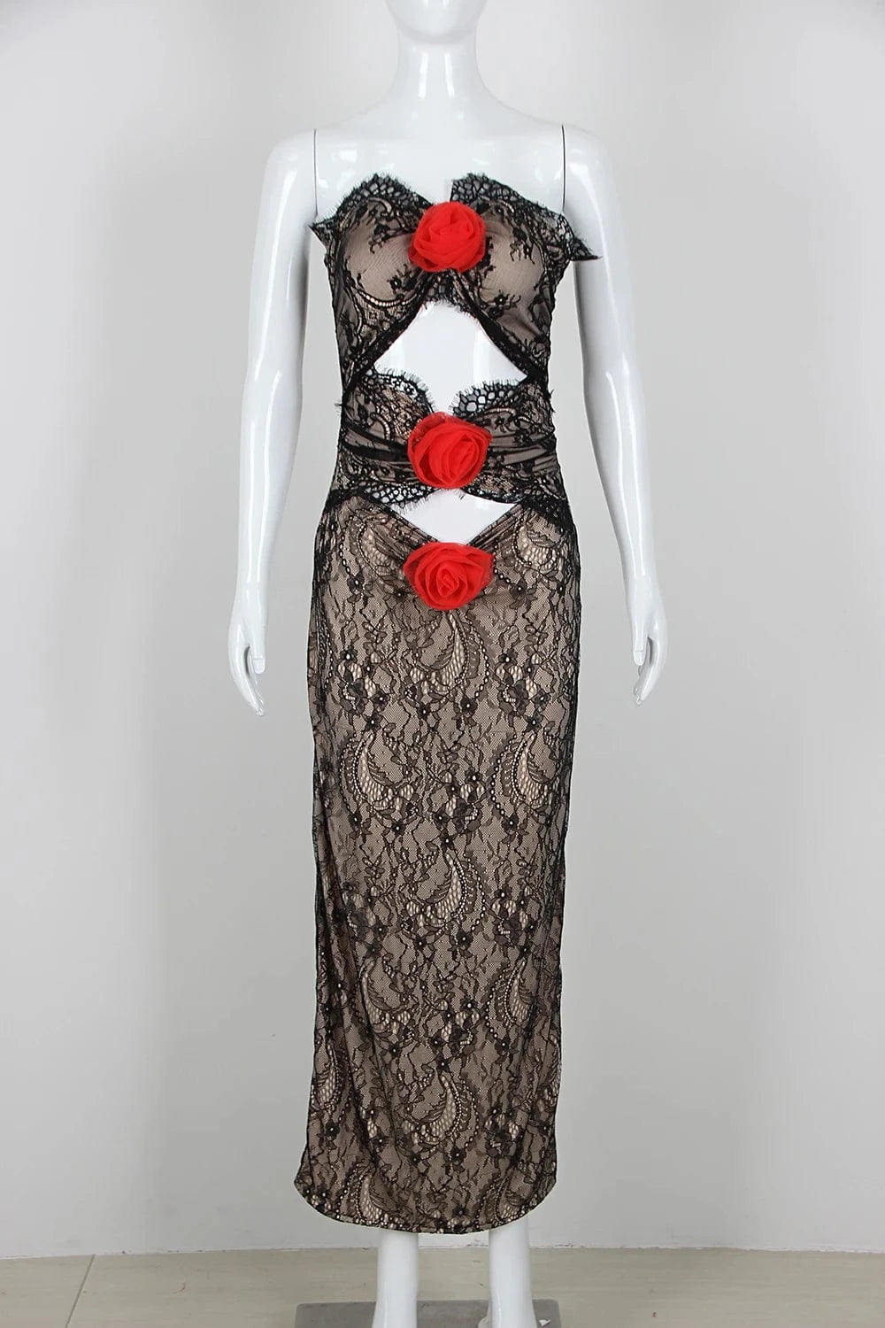 New Arrival Women's Elegant Hollow Out Strapless Lace Maxi Dress Party Club Prom Dresses