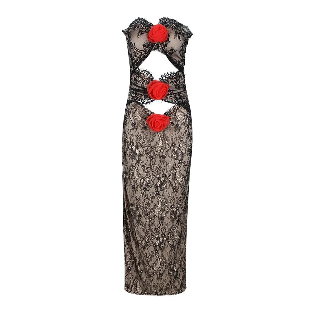 New Arrival Women's Elegant Hollow Out Strapless Lace Maxi Dress Party Club Prom Dresses