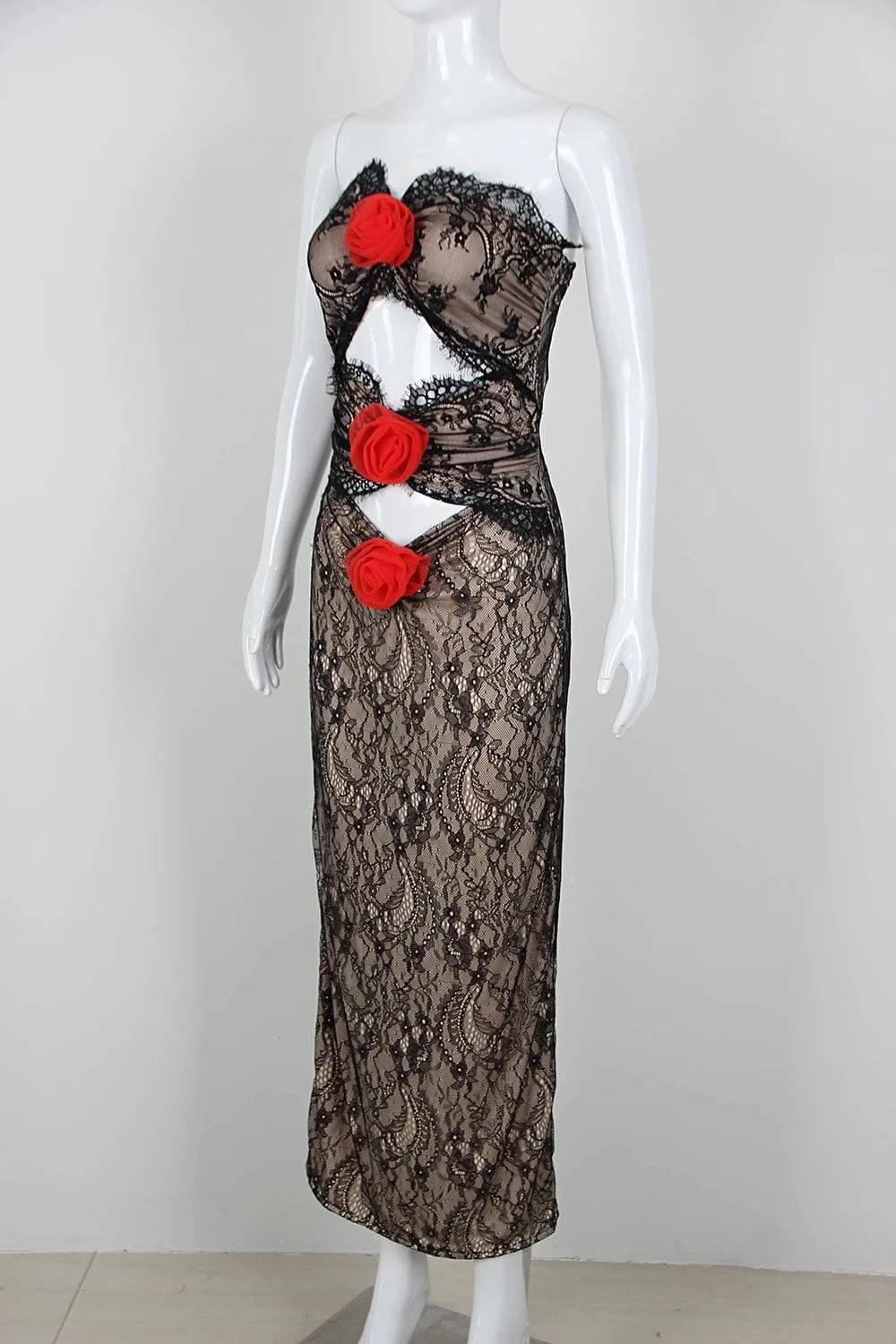 New Arrival Women's Elegant Hollow Out Strapless Lace Maxi Dress Party Club Prom Dresses