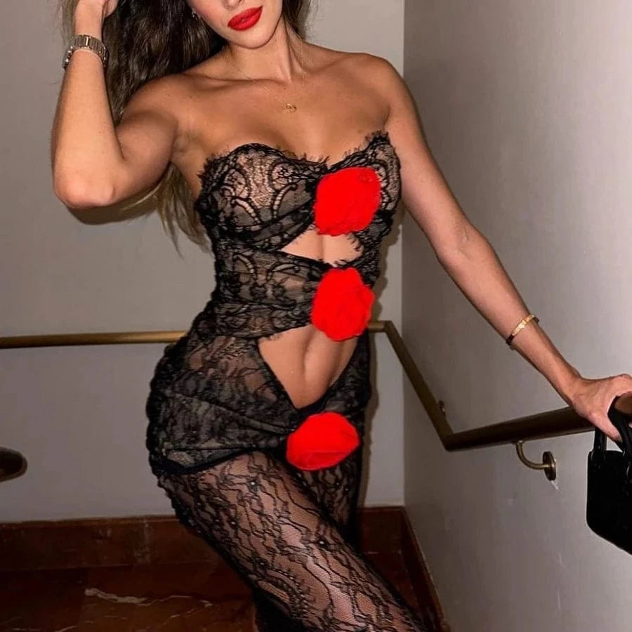 New Arrival Women's Elegant Hollow Out Strapless Lace Maxi Dress Party Club Prom Dresses