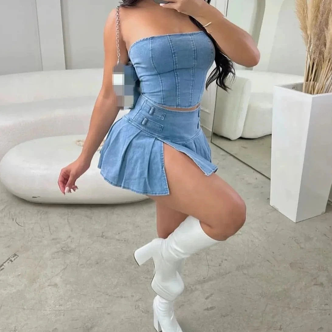 New Arrival Women Two 2 Piece Outfits Sexy Sleeveless Jean Denim Crop Tube Top Mini Split Pleated Skirt Sets