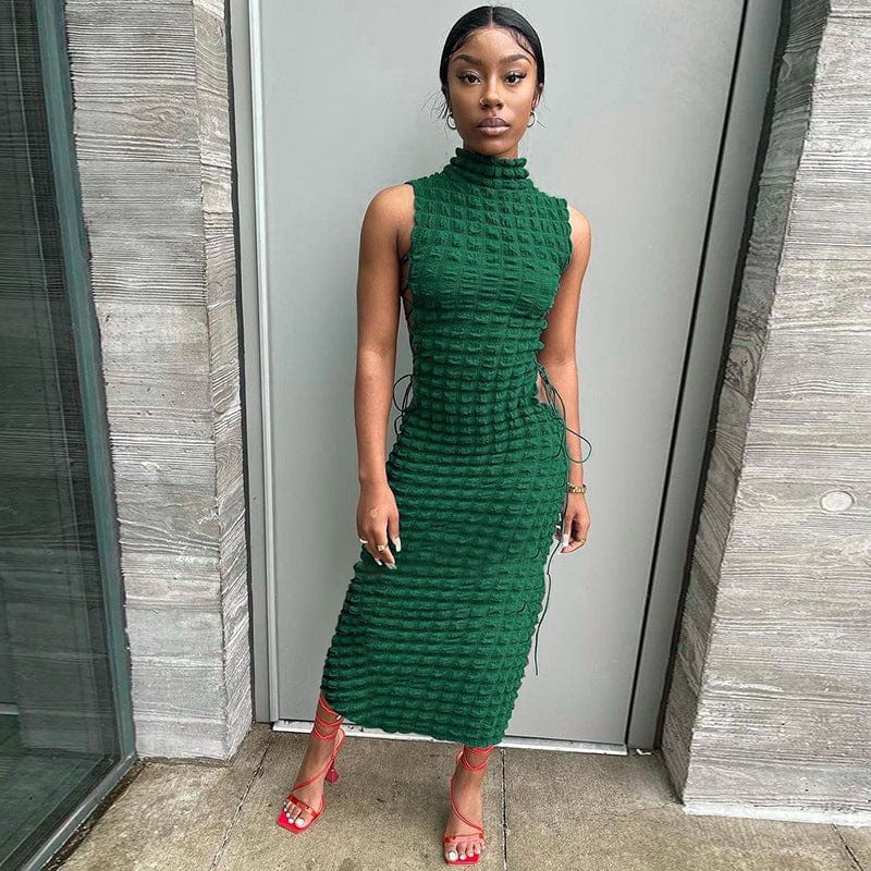 New arrivals 2022 women crew neck sleeveless elegant dresses classic evening prom dress undefined hollow out lace up maxi dress