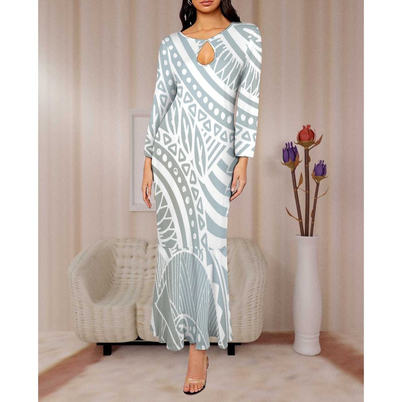 new arrivals 2023 fall new long sleeve slim fit elegant women dress polynesian hawaiian floral maxi mermaid dress