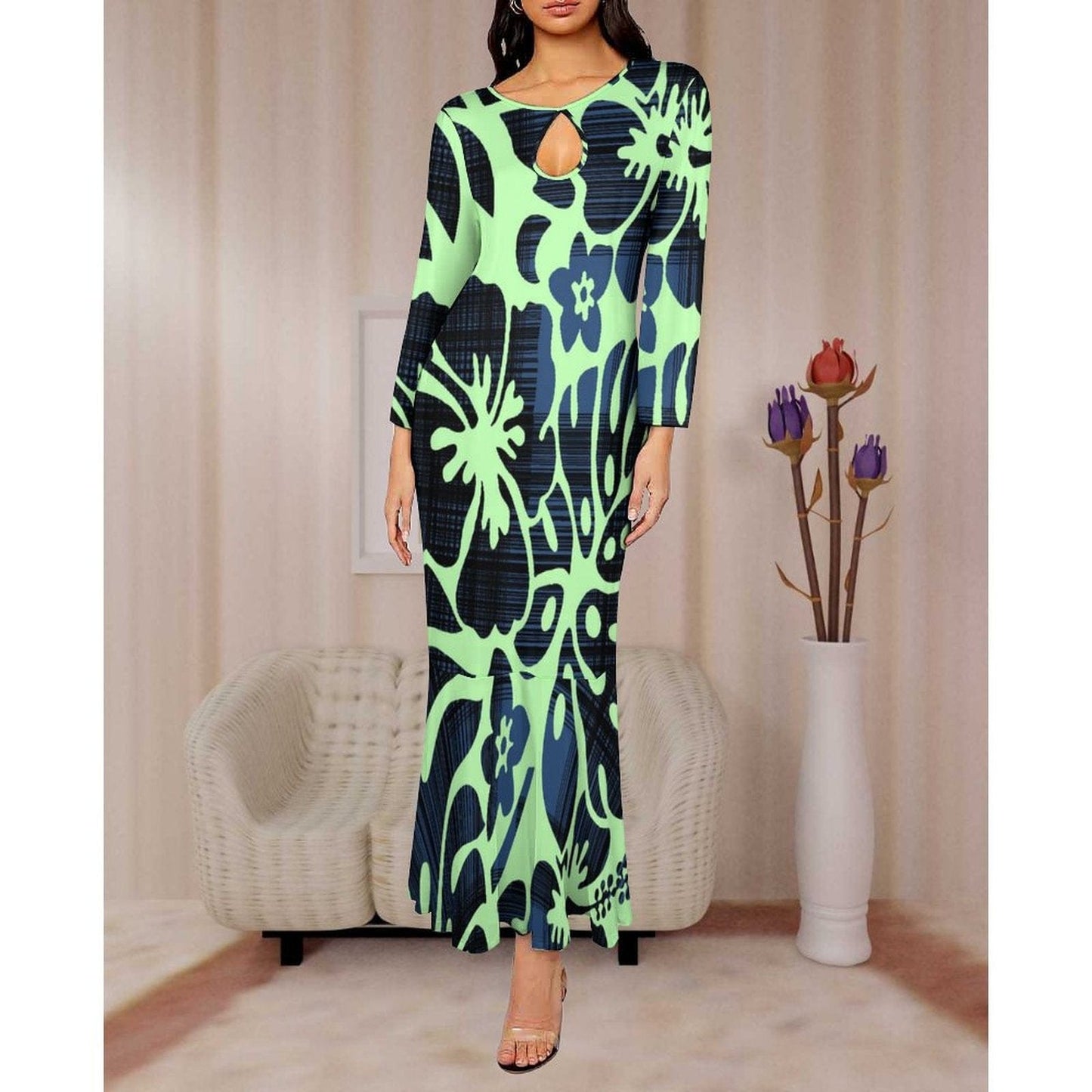 new arrivals 2023 fall new long sleeve slim fit elegant women dress polynesian hawaiian floral maxi mermaid dress