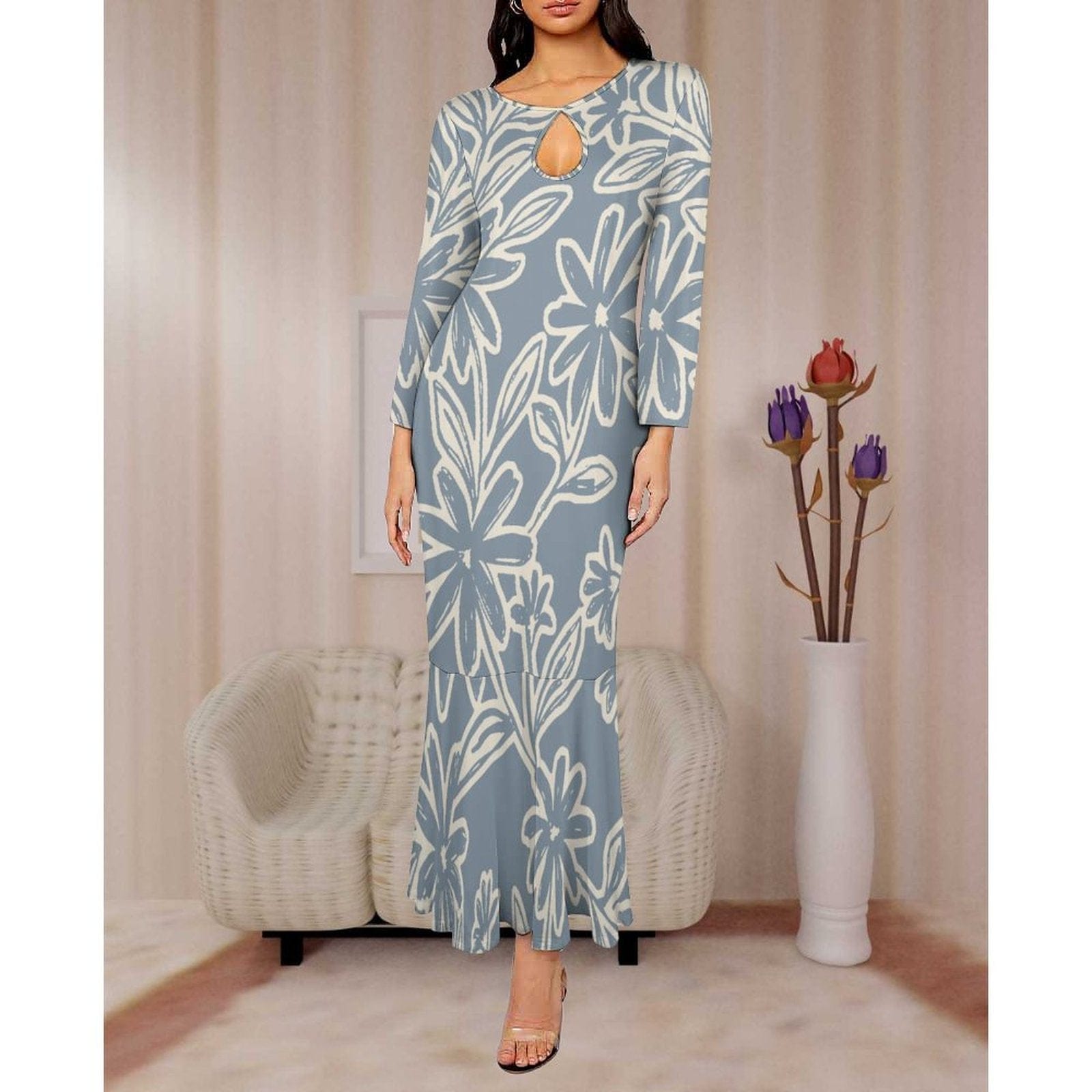 new arrivals 2023 fall new long sleeve slim fit elegant women dress polynesian hawaiian floral maxi mermaid dress