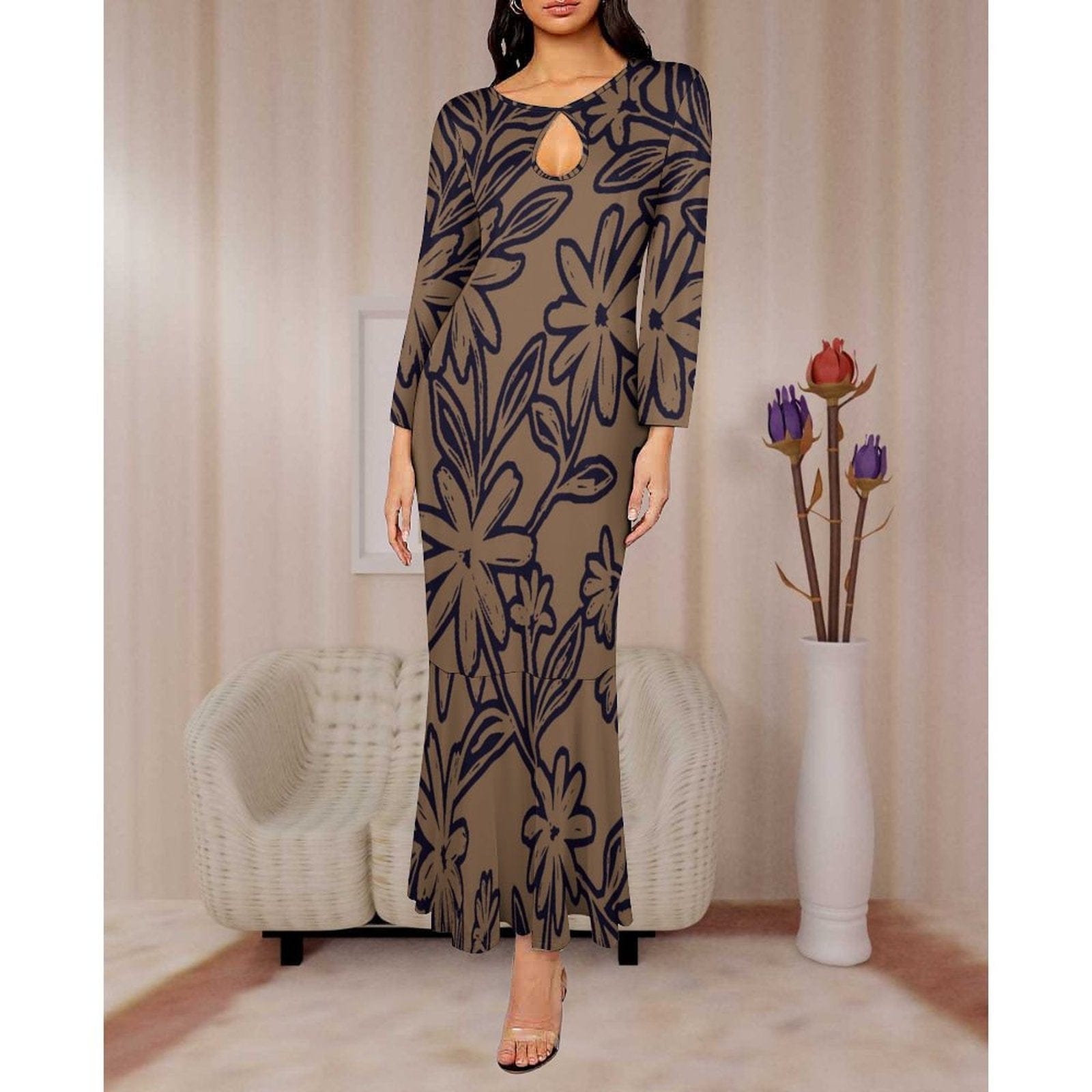 new arrivals 2023 fall new long sleeve slim fit elegant women dress polynesian hawaiian floral maxi mermaid dress