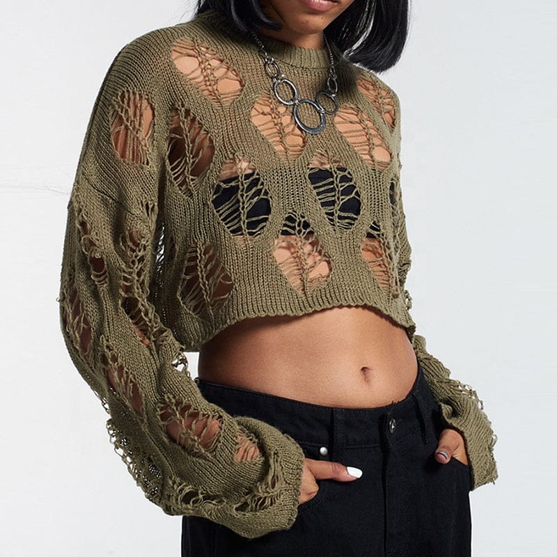 New arrivals casual sexy hollow out long sleeve crop top fall knitted pullover women's sweaters