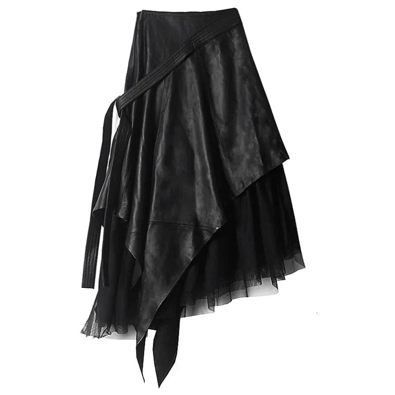 New Arrivals Irregular Ladies Casual Fashion PU Faux Leather Skirt High Waist Mesh Patchwork Women's Skirts