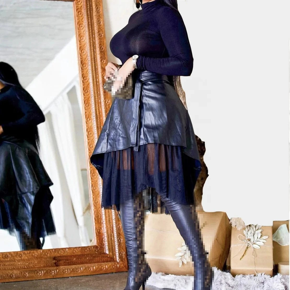 New Arrivals Irregular Ladies Casual Fashion PU Faux Leather Skirt High Waist Mesh Patchwork Women's Skirts