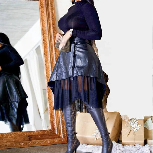 New Arrivals Irregular Ladies Casual Fashion PU Faux Leather Skirt High Waist Mesh Patchwork Women's Skirts