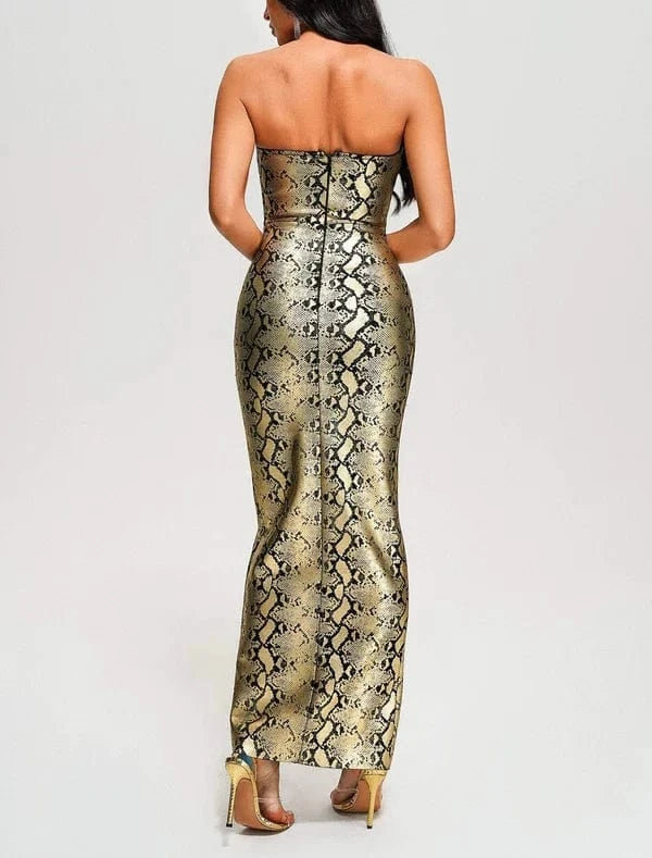 New Arrivals Ladies Clothes Bodycon Golden Sexy Dresses Strapless Bandage Long Evening Prom Dress