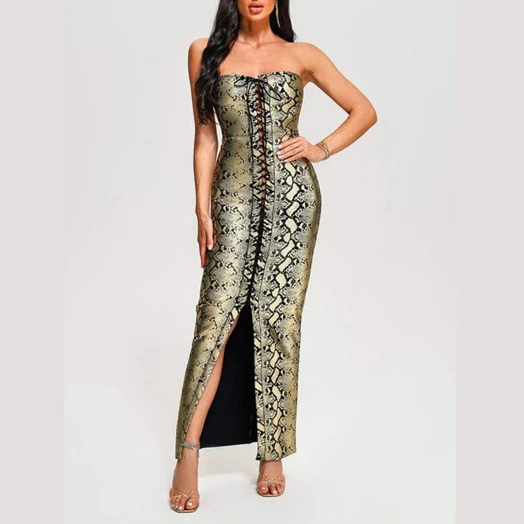 New Arrivals Ladies Clothes Bodycon Golden Sexy Dresses Strapless Bandage Long Evening Prom Dress