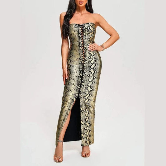 New Arrivals Ladies Clothes Bodycon Golden Sexy Dresses Strapless Bandage Long Evening Prom Dress