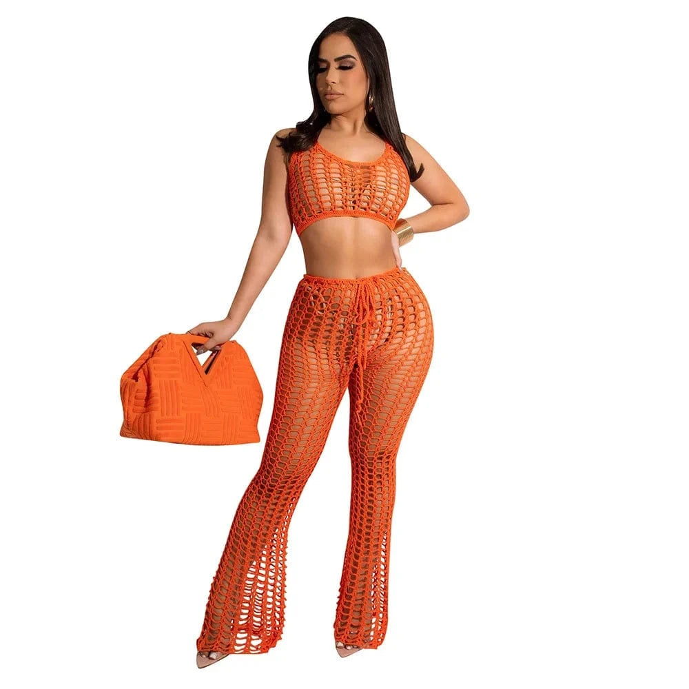 New Arrivals Summer Sexy Crochet Hollow Out Set Clothing Ladies Wide Leg Two Piece PantS Set Outfits Joggers