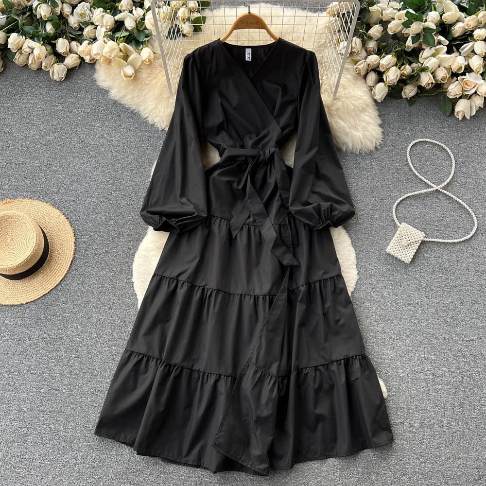 New Arrivals Wholesale Custom Women V-Neck Ruffle Tiered Pleated Long Maxi Casual Dress