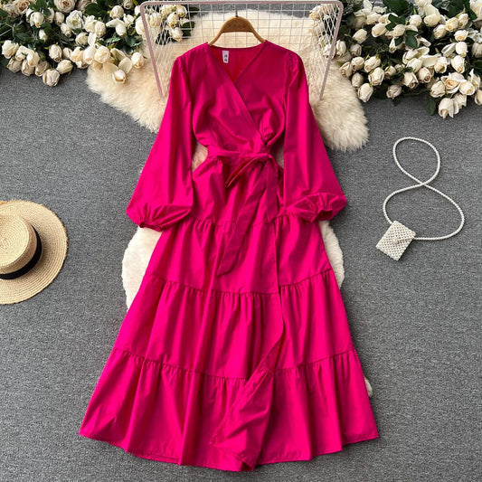 New Arrivals Wholesale Custom Women V-Neck Ruffle Tiered Pleated Long Maxi Casual Dress