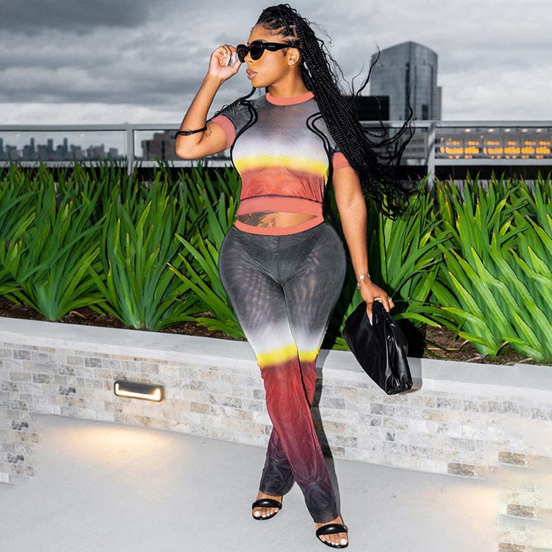 New Arrivals Wholesale Gradients Patchwork Mesh See Through Biker Sets 2 Piece Shorts Set