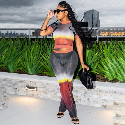 New Arrivals Wholesale Gradients Patchwork Mesh See Through Biker Sets 2 Piece Shorts Set