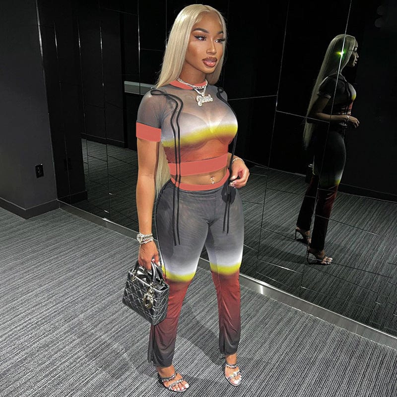 New Arrivals Wholesale Gradients Patchwork Mesh See Through Biker Sets 2 Piece Shorts Set