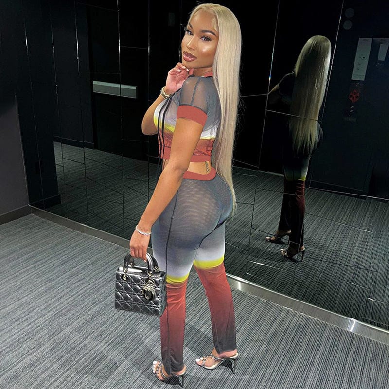 New Arrivals Wholesale Gradients Patchwork Mesh See Through Biker Sets 2 Piece Shorts Set