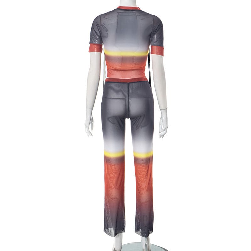 New Arrivals Wholesale Gradients Patchwork Mesh See Through Biker Sets 2 Piece Shorts Set