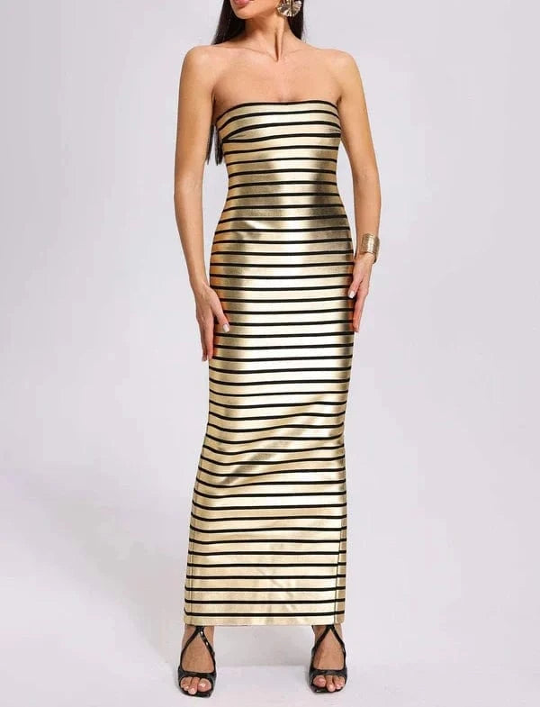 New Arrivals Woman Clothes Bodycon Golden Sexy Dresses Strapless Bandage Long Evening Prom Dress