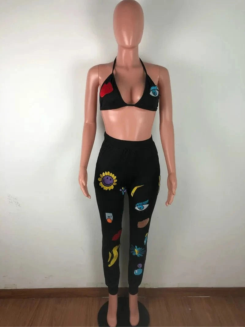 New Autumn Ladies Set Embroidery Print Two Piece Set Bra Top and Pants Sexy Women 2 Piece Outfit