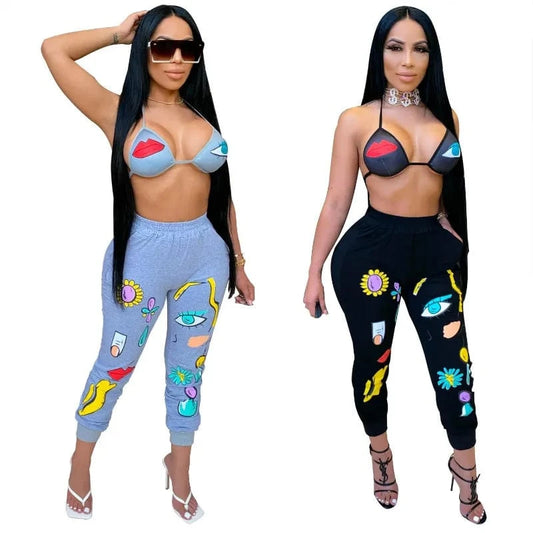 New Autumn Ladies Set Embroidery Print Two Piece Set Bra Top and Pants Sexy Women 2 Piece Outfit