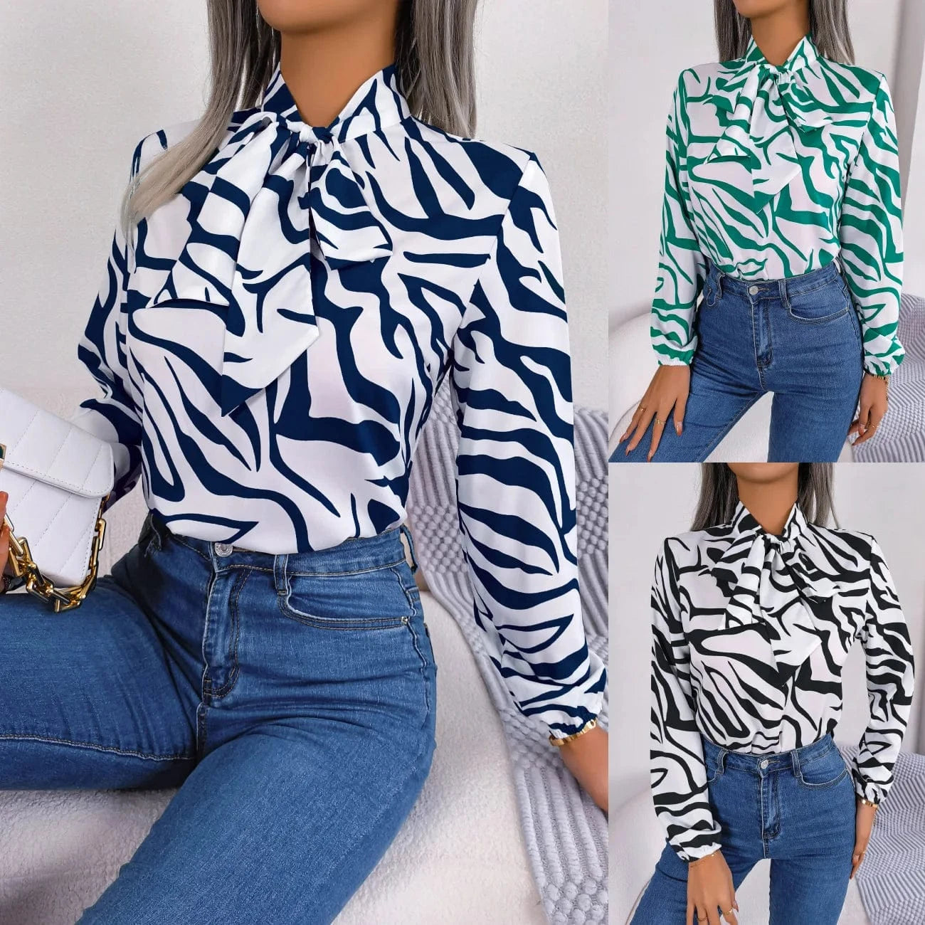 New Autumn Winter Temperament Contrast Color Stripes Lantern Sleeves Chiffon Shirt Top Casual Women's Office Shirt