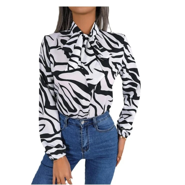 New Autumn Winter Temperament Contrast Color Stripes Lantern Sleeves Chiffon Shirt Top Casual Women's Office Shirt