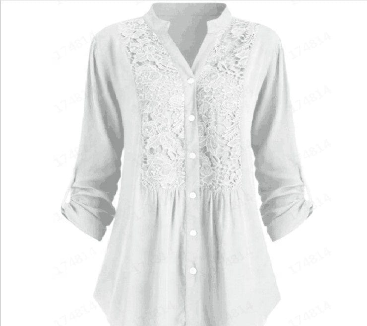 New Blouse European And American Women's Long Sleeves V Collar Shirt large Size lace Shirt Women's Blouses With Collars