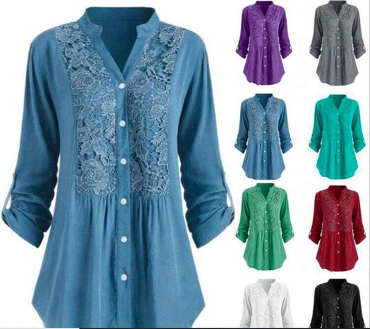 New Blouse European And American Women's Long Sleeves V Collar Shirt large Size lace Shirt Women's Blouses With Collars