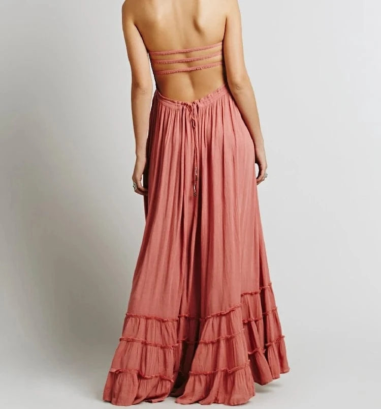 New Boho Summer Crinkly Strapless Maxi Dress Halter Tie Beach Dresses Linen Seam Hem Vestidos Low Strappy Back EA8118