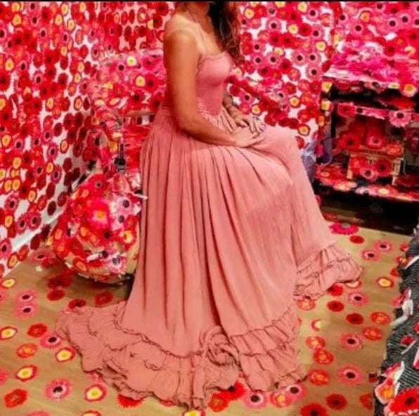 New Boho Summer Crinkly Strapless Maxi Dress Halter Tie Beach Dresses Linen Seam Hem Vestidos Low Strappy Back EA8118