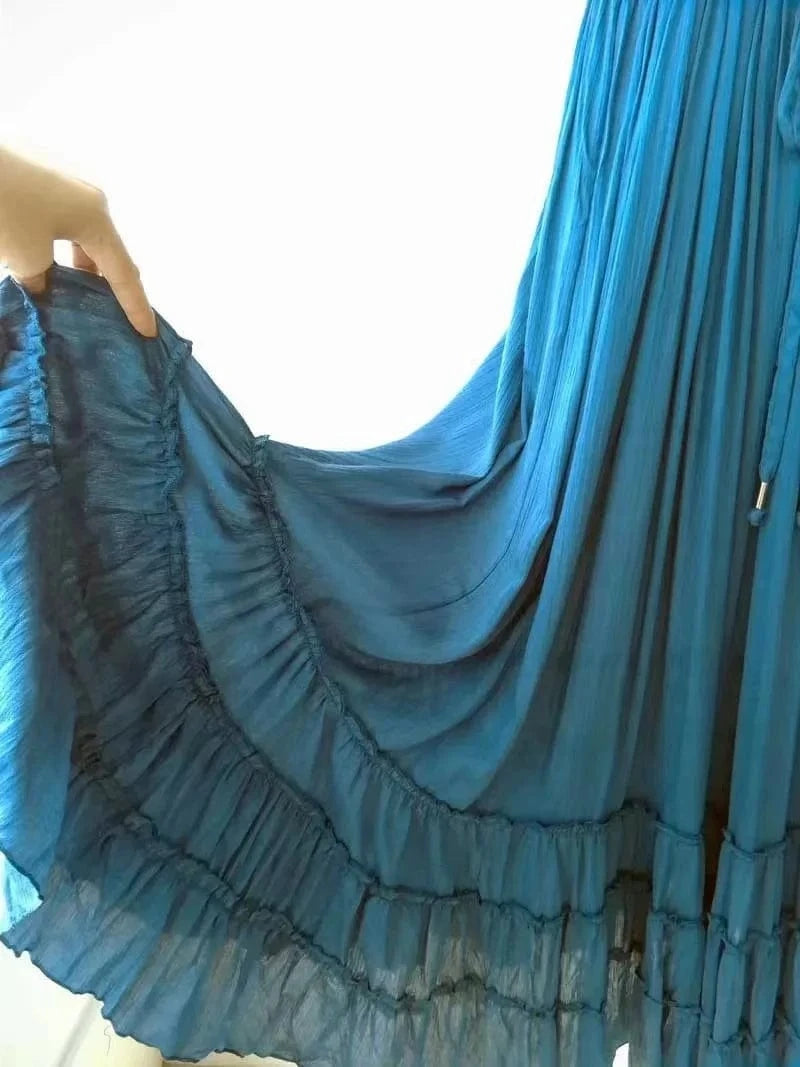 New Boho Summer Crinkly Strapless Maxi Dress Halter Tie Beach Dresses Linen Seam Hem Vestidos Low Strappy Back EA8118