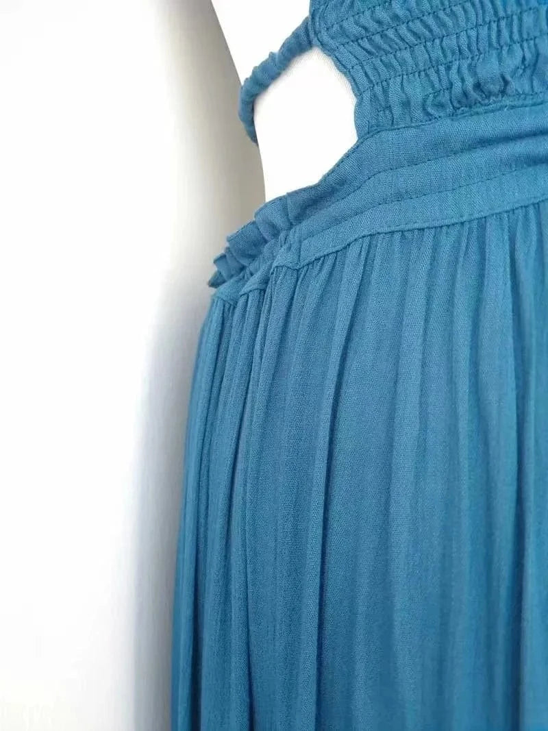 New Boho Summer Crinkly Strapless Maxi Dress Halter Tie Beach Dresses Linen Seam Hem Vestidos Low Strappy Back EA8118