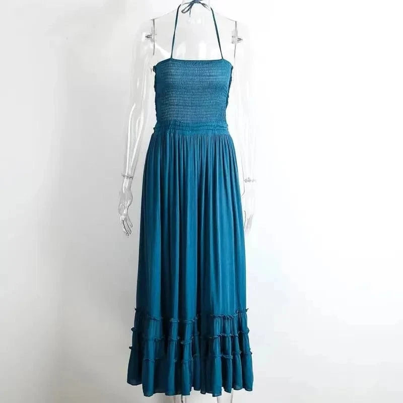 New Boho Summer Crinkly Strapless Maxi Dress Halter Tie Beach Dresses Linen Seam Hem Vestidos Low Strappy Back EA8118