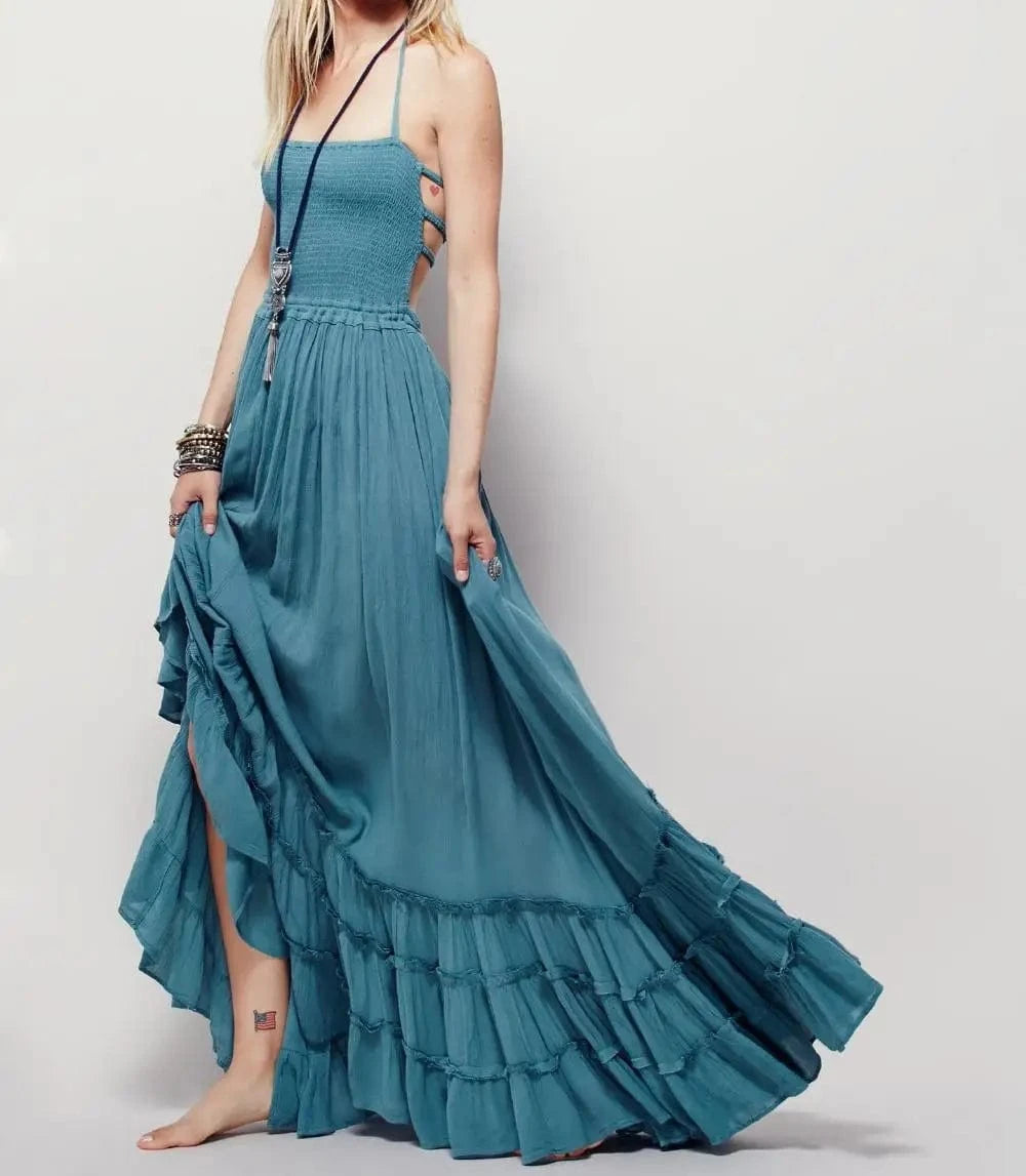New Boho Summer Crinkly Strapless Maxi Dress Halter Tie Beach Dresses Linen Seam Hem Vestidos Low Strappy Back EA8118