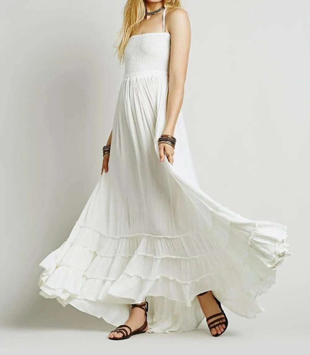 New Boho Summer Crinkly Strapless Maxi Dress Halter Tie Beach Dresses Linen Seam Hem Vestidos Low Strappy Back EA8118