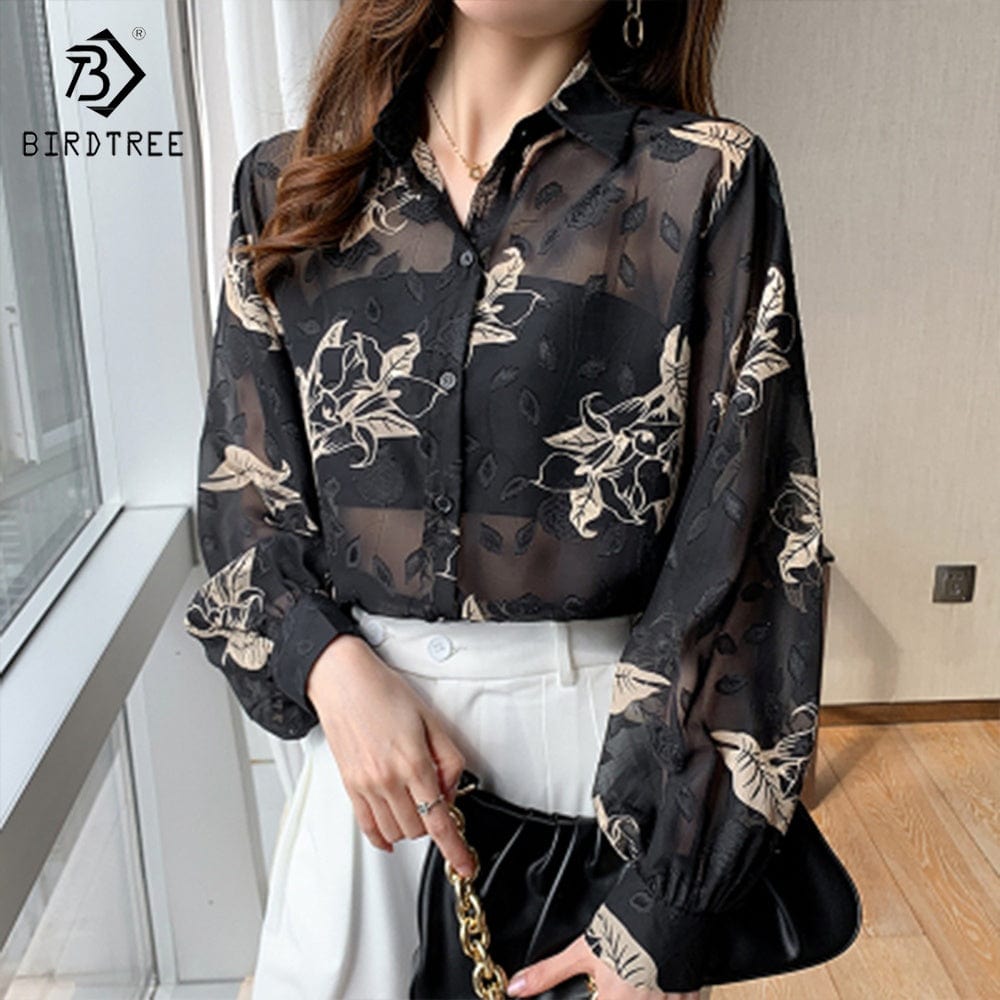 New Casual Flocking Long Sleeved Shirt Women Loose Thin 2022 Early Autumn New Shirts Black For Women T28814X