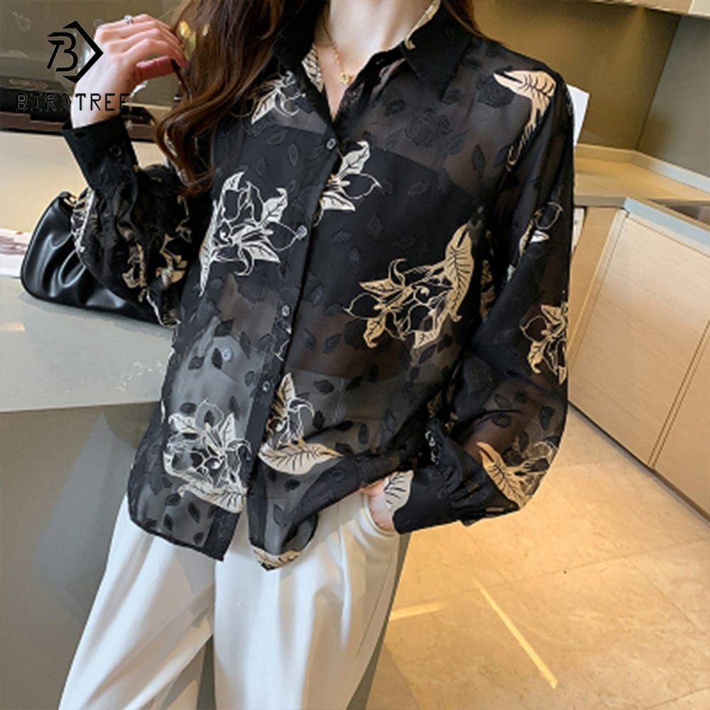 New Casual Flocking Long Sleeved Shirt Women Loose Thin 2022 Early Autumn New Shirts Black For Women T28814X