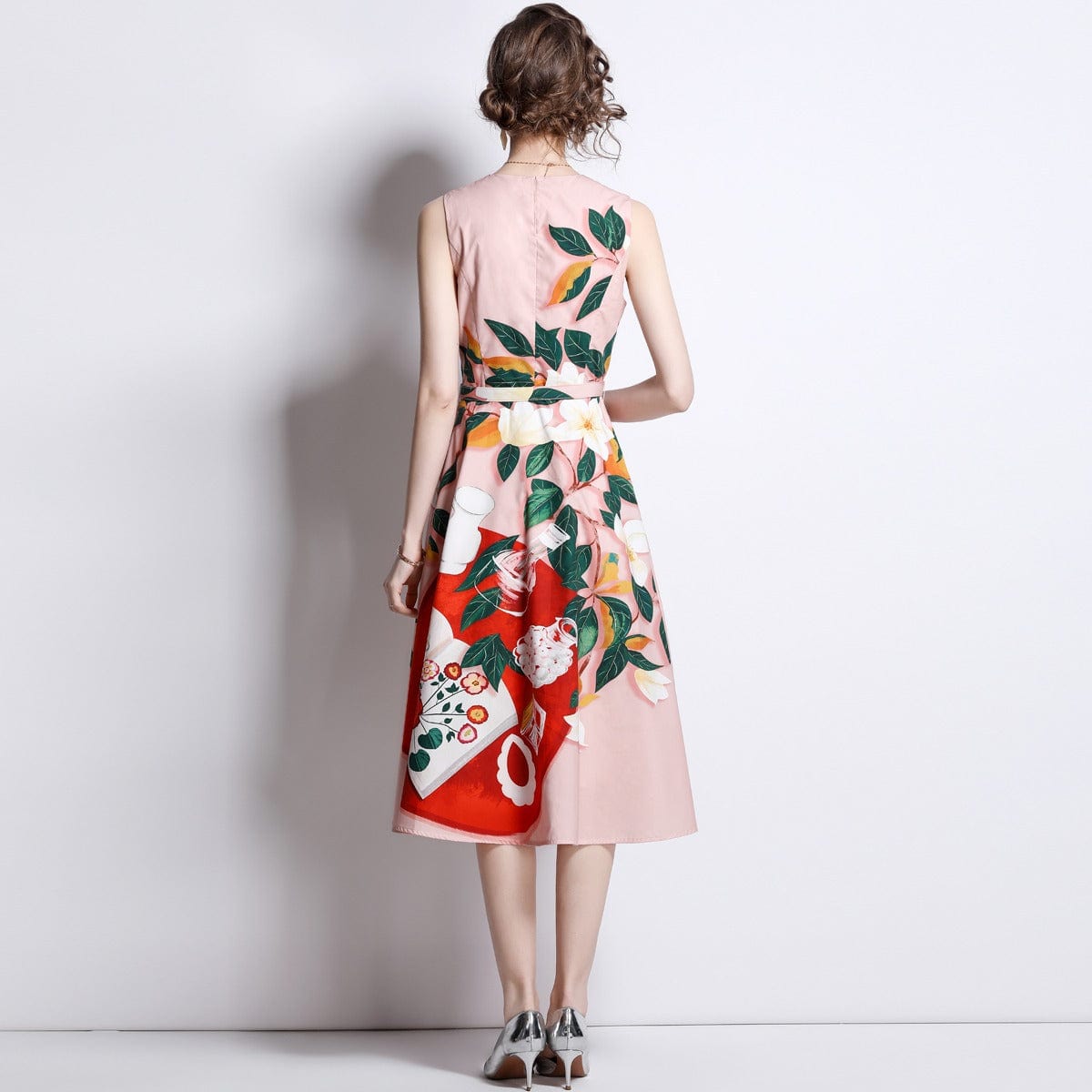 New classic round neck color-block print waist tie slim sleeveless dress to send belt HL9042068