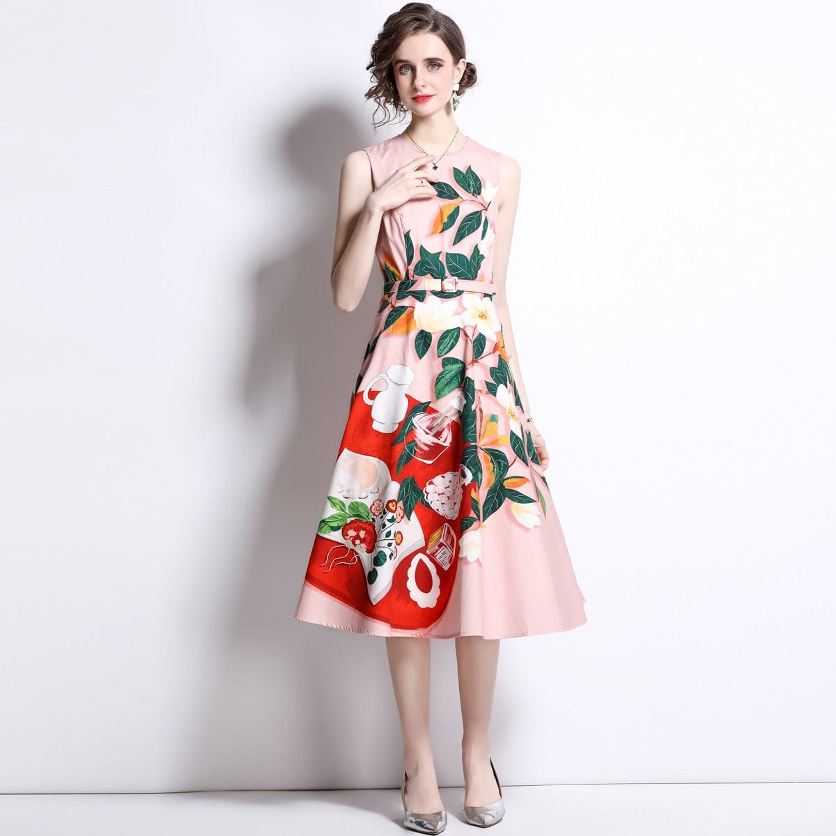 New classic round neck color-block print waist tie slim sleeveless dress to send belt HL9042068